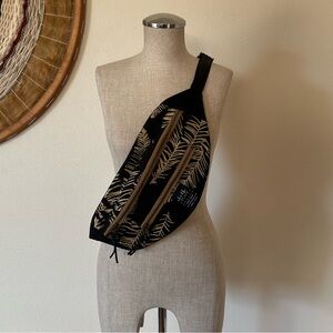 Cloth and Print Gold Feather Fanny pack Crossbody Bag Handmade Black Adjustable